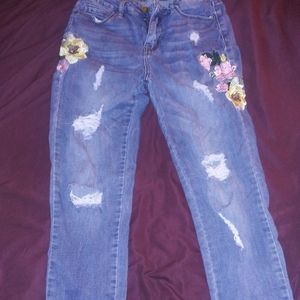 Ripped Jeans with Flower Patches